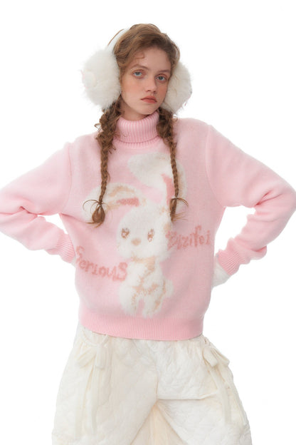 ziziFei autumn and winter American retro design high-quality plush rabbit soft and lazy pink turtleneck sweater woman