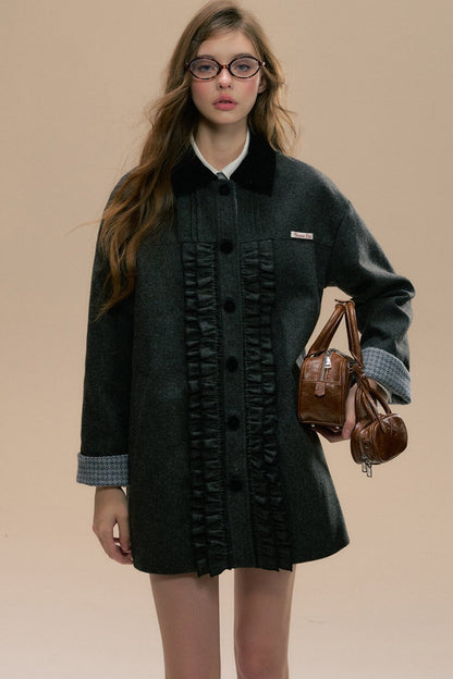 FUNGUS-TRIMMED DARK GRAY TWEED COAT