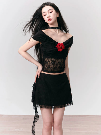 [SNH48 same style] fragile store - Floyd rose black lace one-shoulder short top short skirt