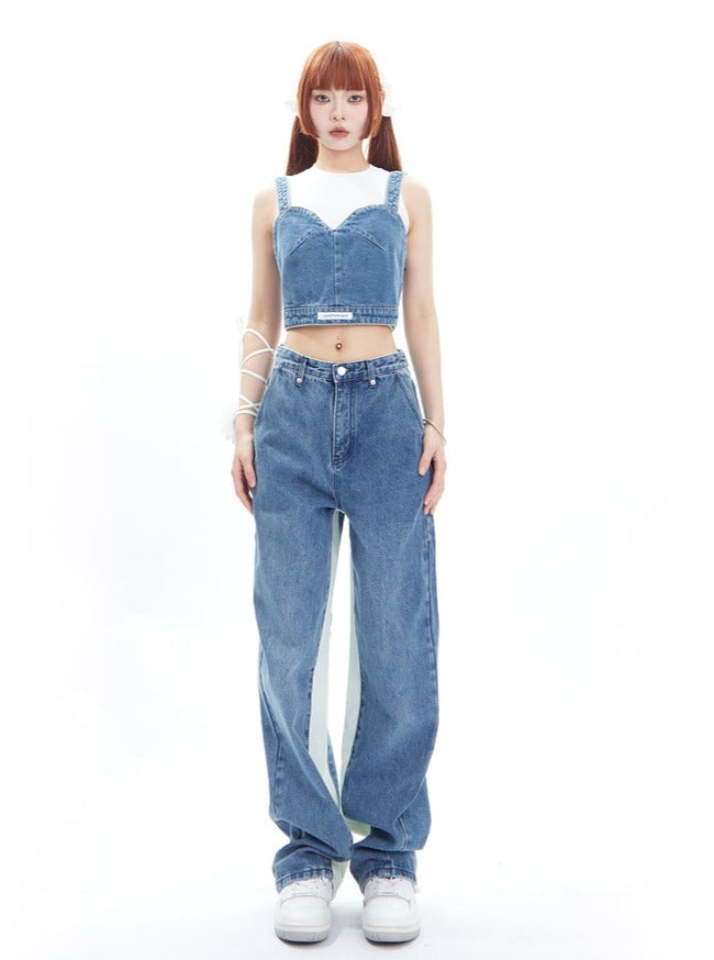 Strap Tank Top Denim Pants Two Piece Set