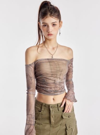 One-Shoulder Pleated Mesh Top