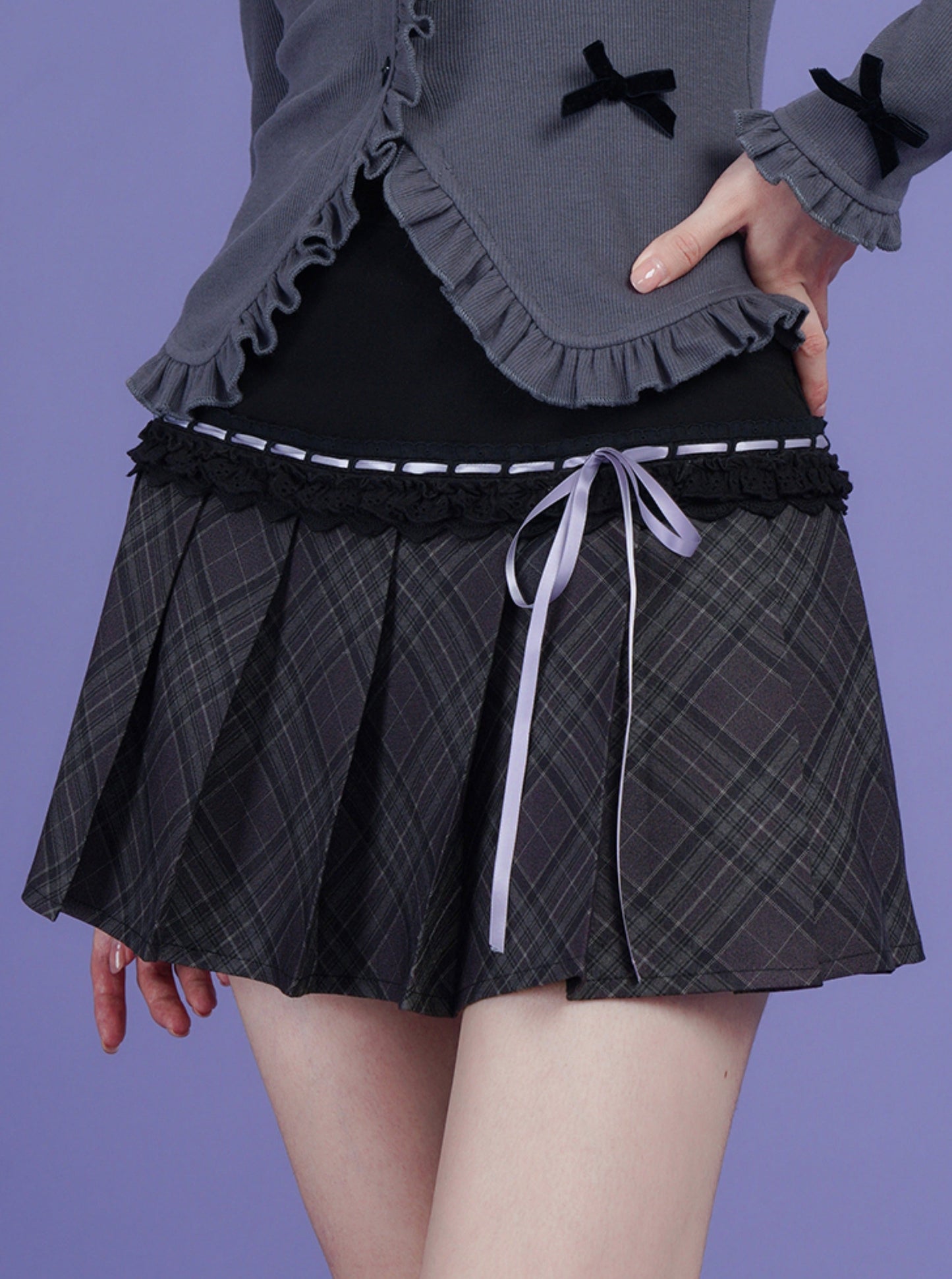 Purple Plaid Ribbon Pleated Skirt