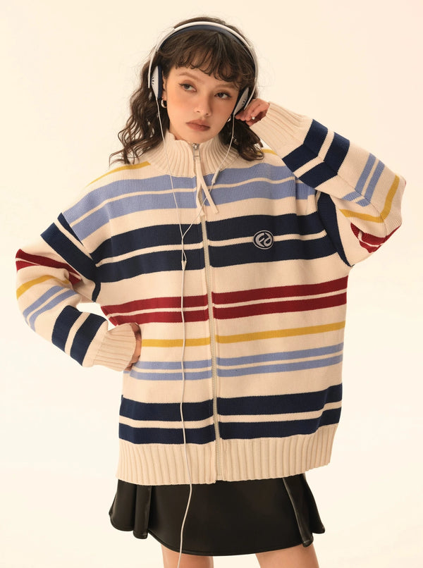 striped half-turtleneck knitted cardigan coat