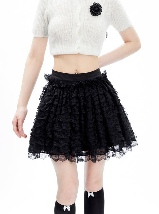 High Waist Lace Puffy Short Skirt