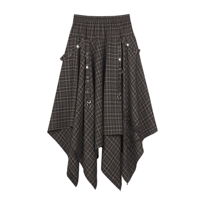 Fighting Spirit Street Brown Plaid Long Skirt