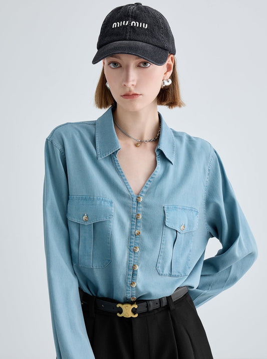 VEGA CHANG Hemd Frauen Herbst 2024 neue kleine Mann lose Temperament Langarm weiche Denim Top