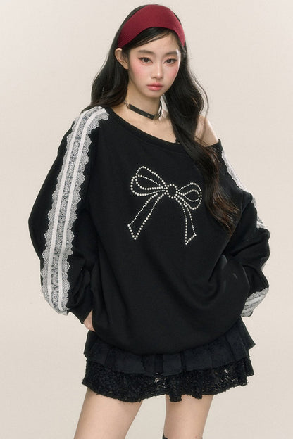 Less eyes [September 26 um 20 Uhr im Verkauf] Less eyes bow fantasy loose slanted shoulder sweatshirt women's early autumn