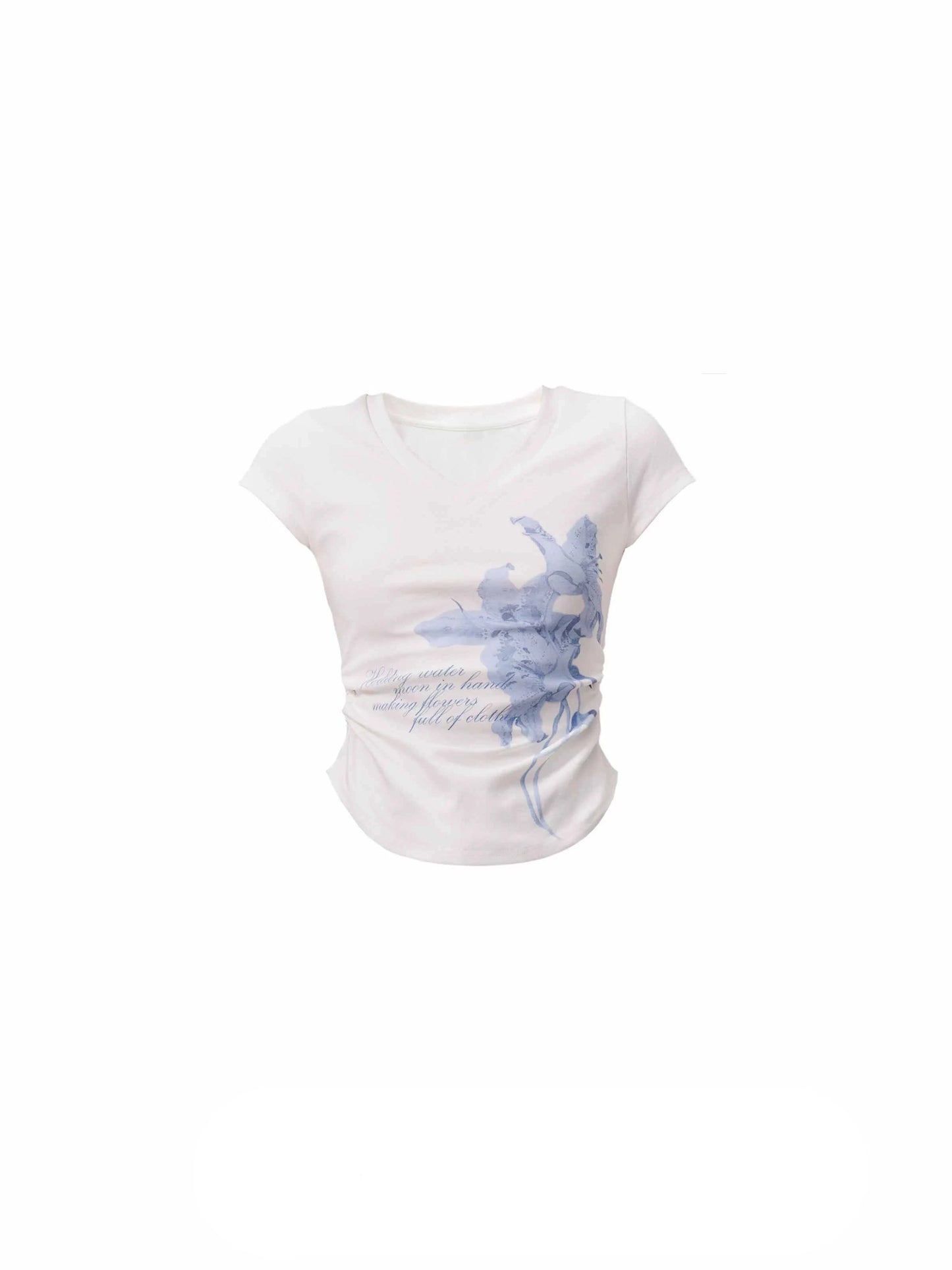 [Spot] fragile store - Floral Lily print V-Ausschnitt trim top geraffte slim T-Shirt mit kurzen Ärmeln