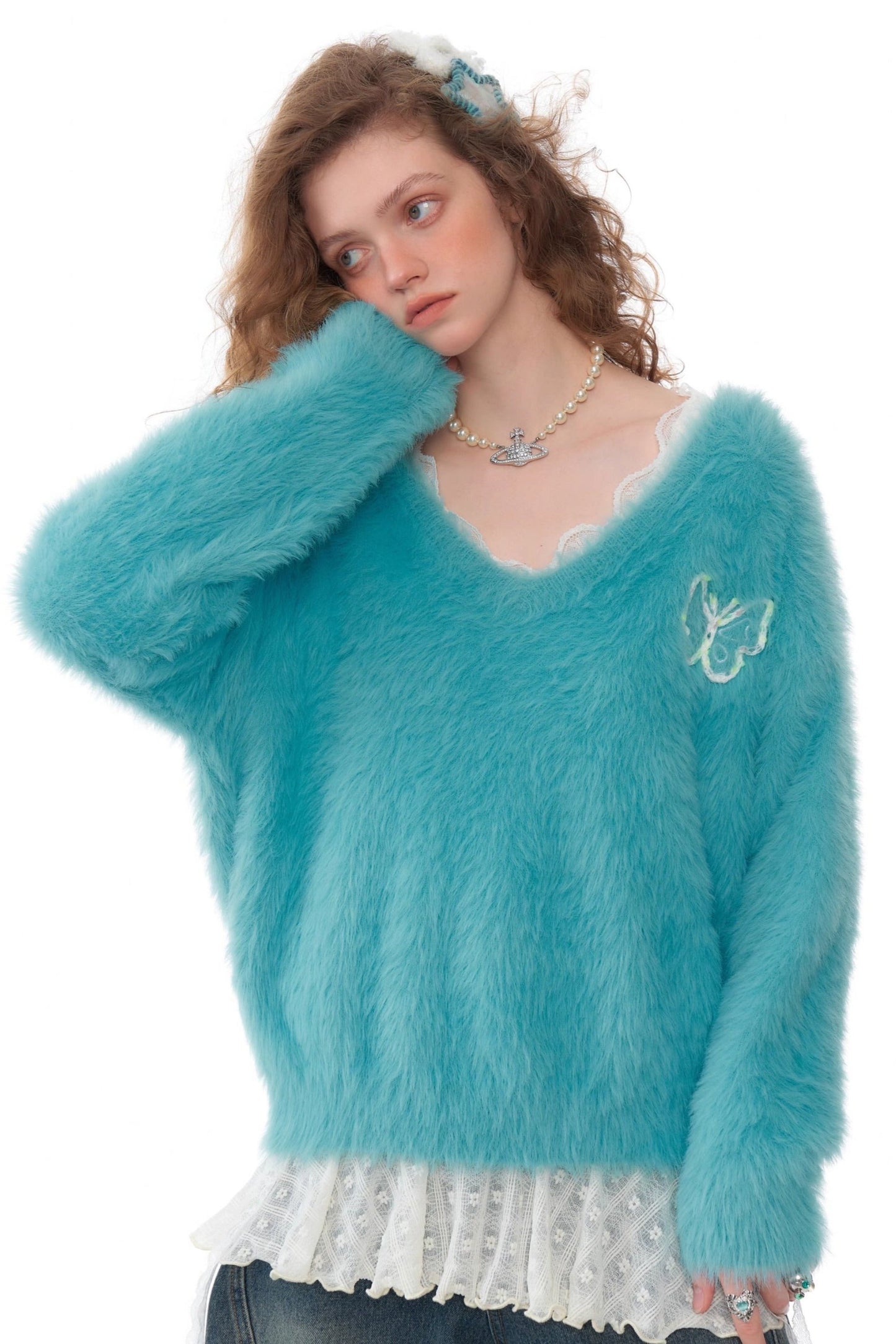 ziziFei autumn and winter American retro luxury blue fur loose soft and waxy lazy pullover V-neck sweater women