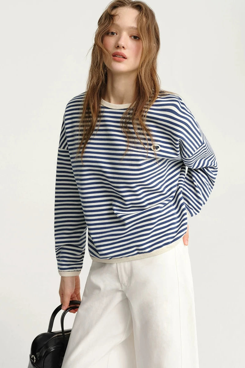 DESIGNER PLUS KOREAN BLUE STRIPED THIN HOODLESS SWEATSHIRT PRE-FALL BASIC COTTON LONG-SLEEVED T-SHIRT