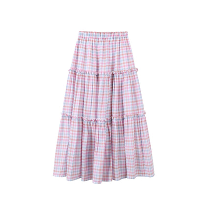 Printed Sheer Blouse and Plaid Skirt Set-Up