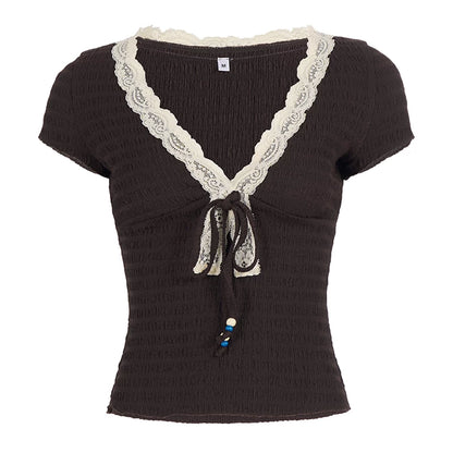Retro Lace-Trimmed V-Neck Top