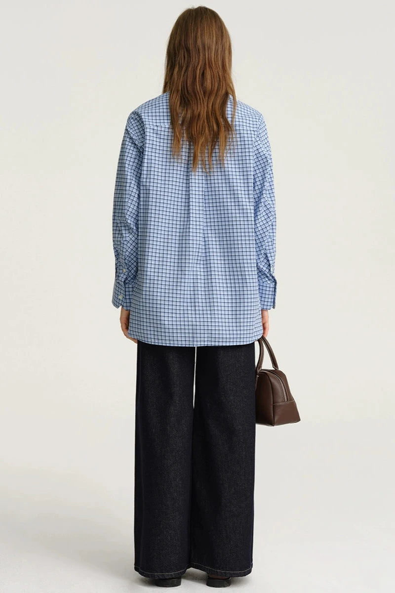 DESIGNER PLUS BLUE PLAID MIU SHIRT PRE-FALL 2024 LAZY RETRO COTTON SHIRT