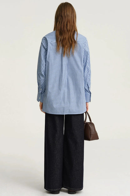 DESIGNER PLUS BLAU KARIERTES MIU HEMD PRE-FALL 2024 LAZY RETRO BAUMWOLLHEMD