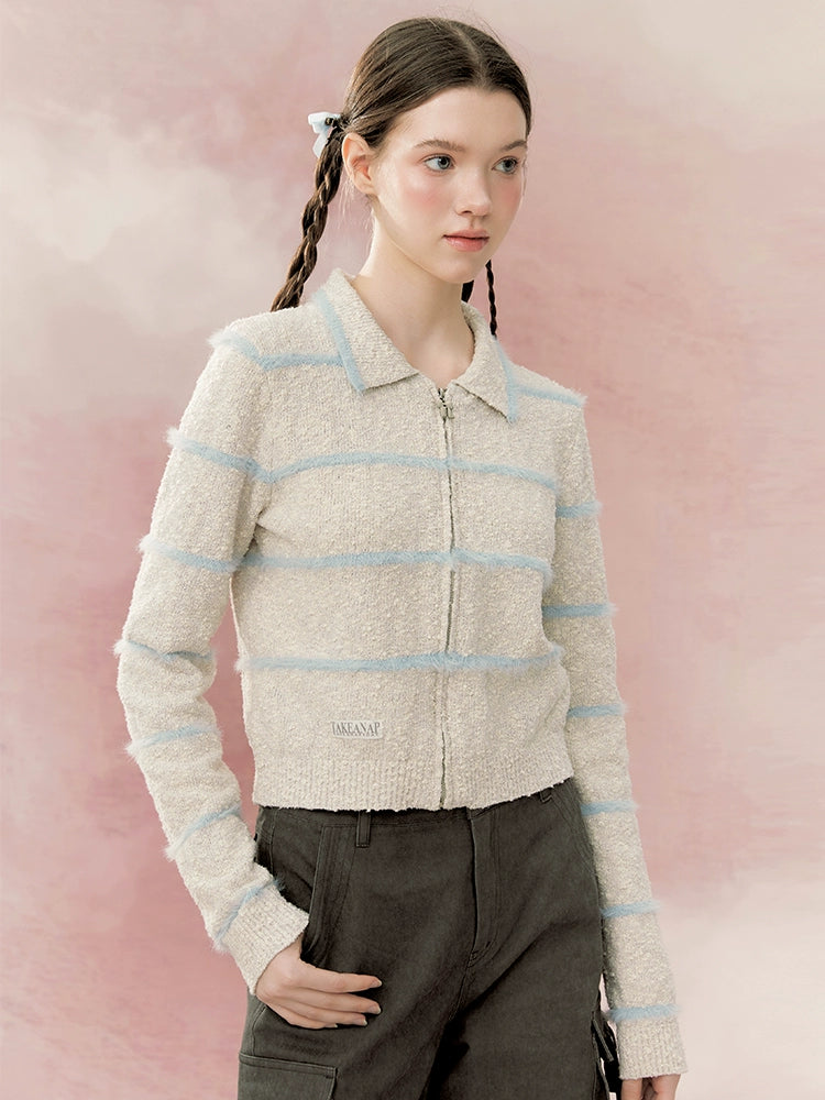 Fur lapel zipper knitted top