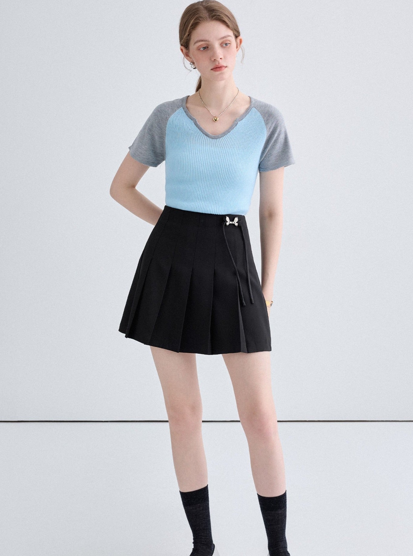 Raglan Sleeve French Knit T-Shirt And Skirt Set-Up