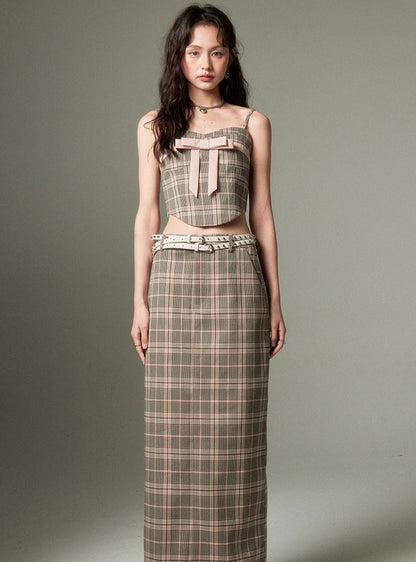 CHECKED SUSPENDER WITH LONG SKIRT SET