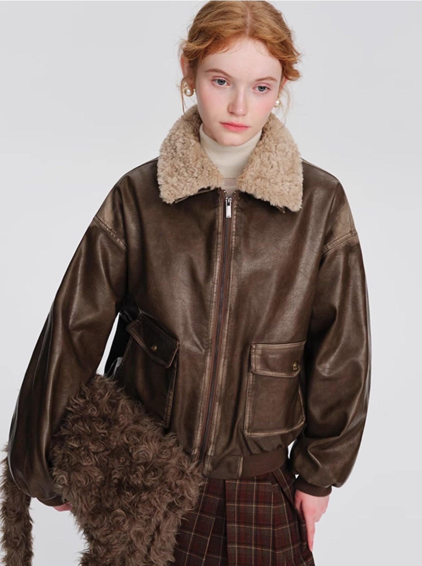American retro fur collar leather jacket