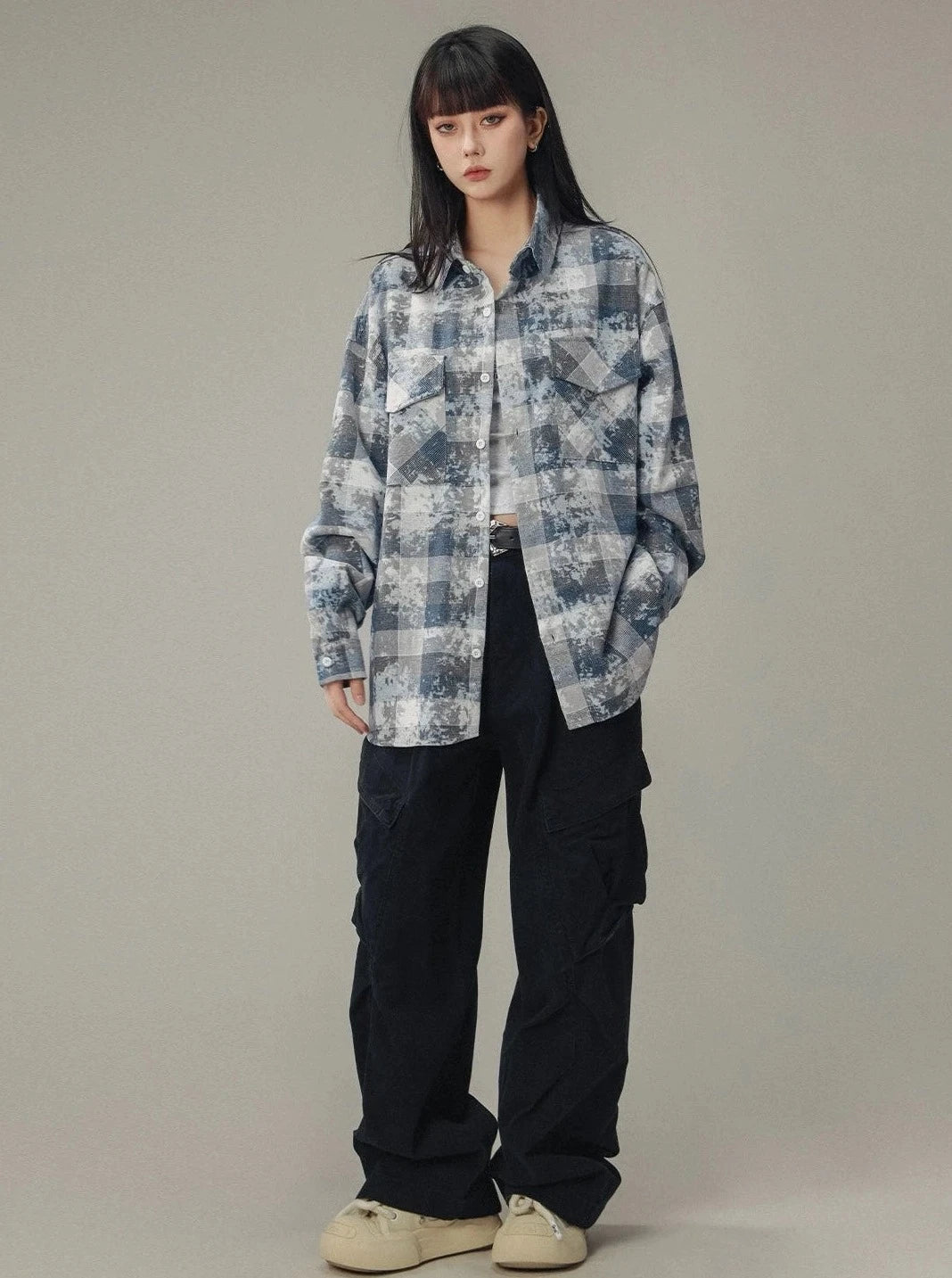 Distressed Mottled Plaid Long Sleeve Shirt