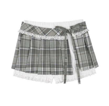 Gray-Green Plaid Pleated Skirt