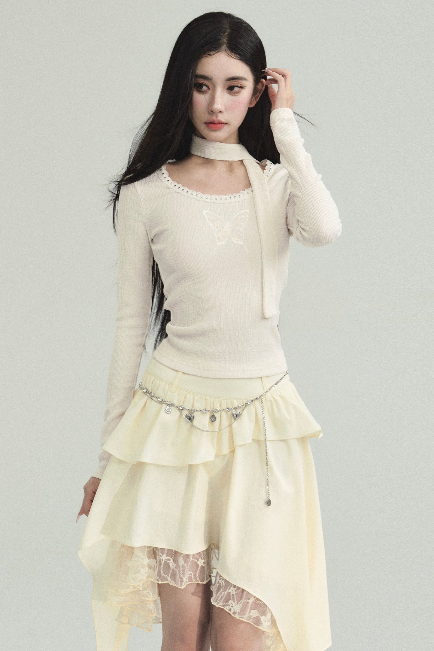 White Butterfly Embroidered Skirt Set-Up