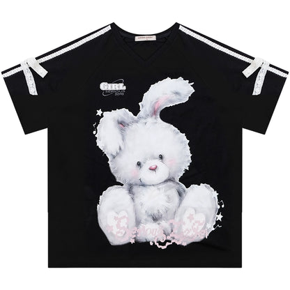 Summer Vintage Lace Bow Short Sleeve T-Shirt