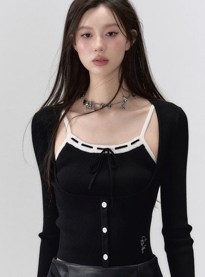 Black suspender knit cardigan two-piece set