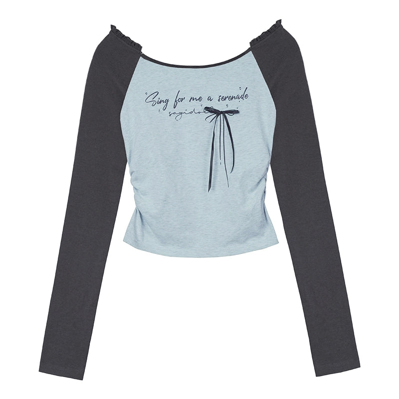 Gray Blue Bow Print Long Sleeve T-Shirt