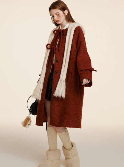 WHITE-RED HOOP TWEED WOOLEN COAT