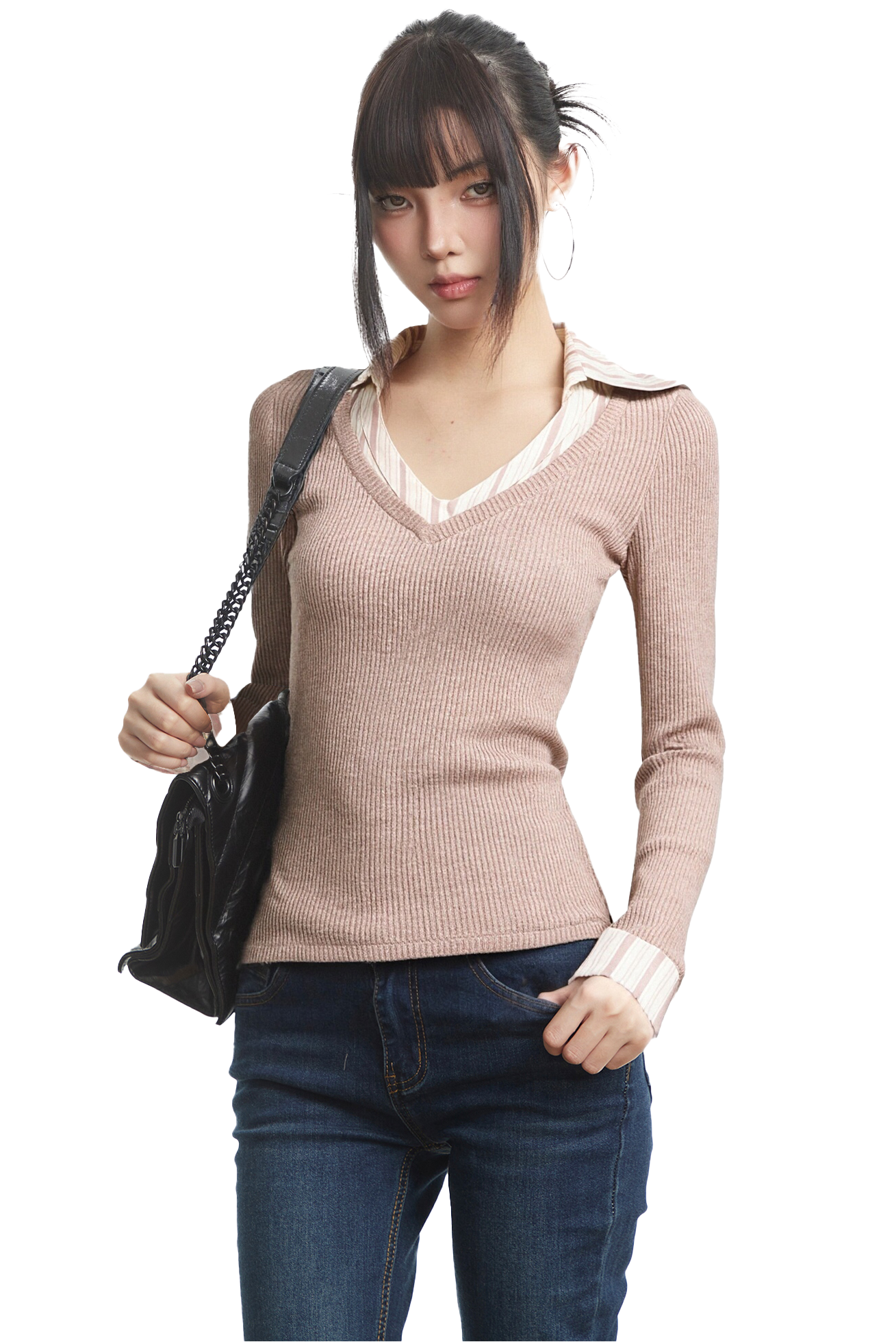 Maglia base in maglia con risvolto effetto due pezzi