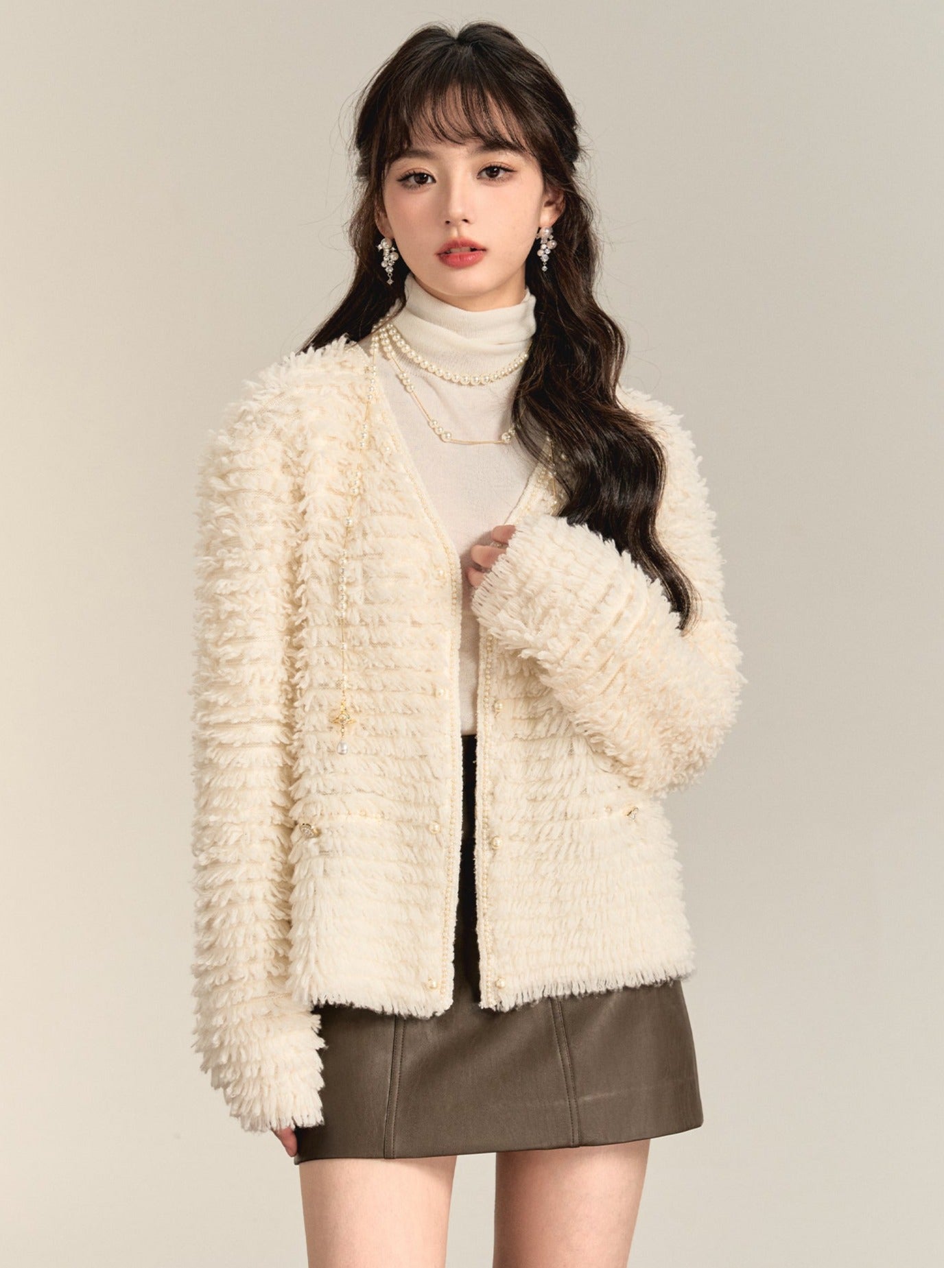 Long Sleeved Beaded Wool Coat