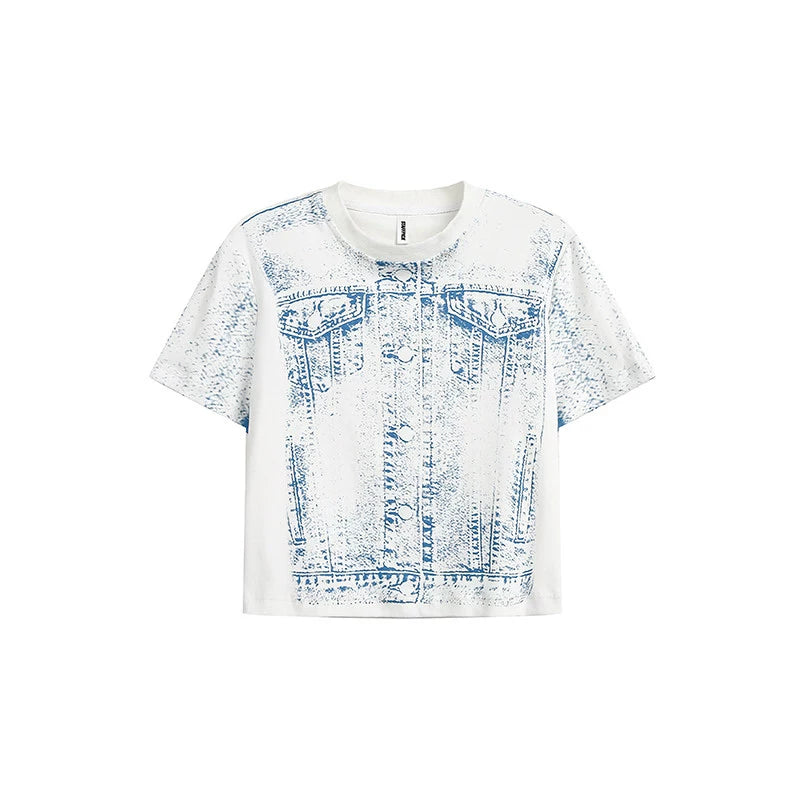 American Retro Denim Print Sleeve T-Shirt