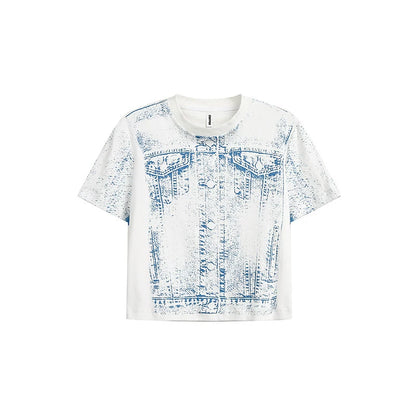 Amerikanisches Retro-Denim-T-Shirt mit bedruckten Ärmeln