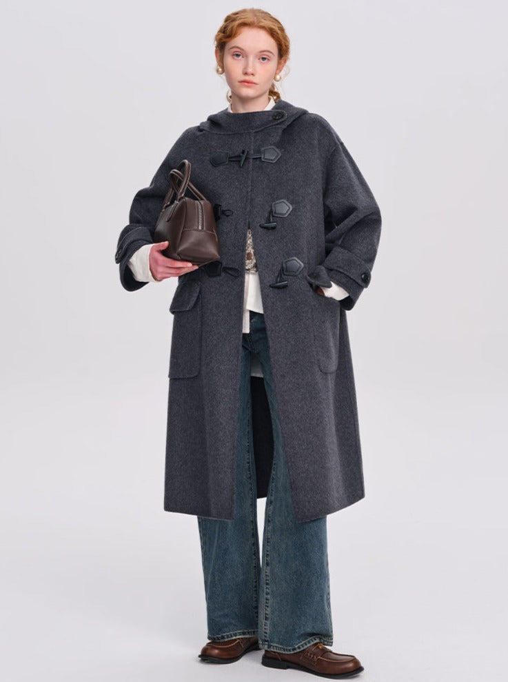 Mid-length hooded double-sided woolen coat