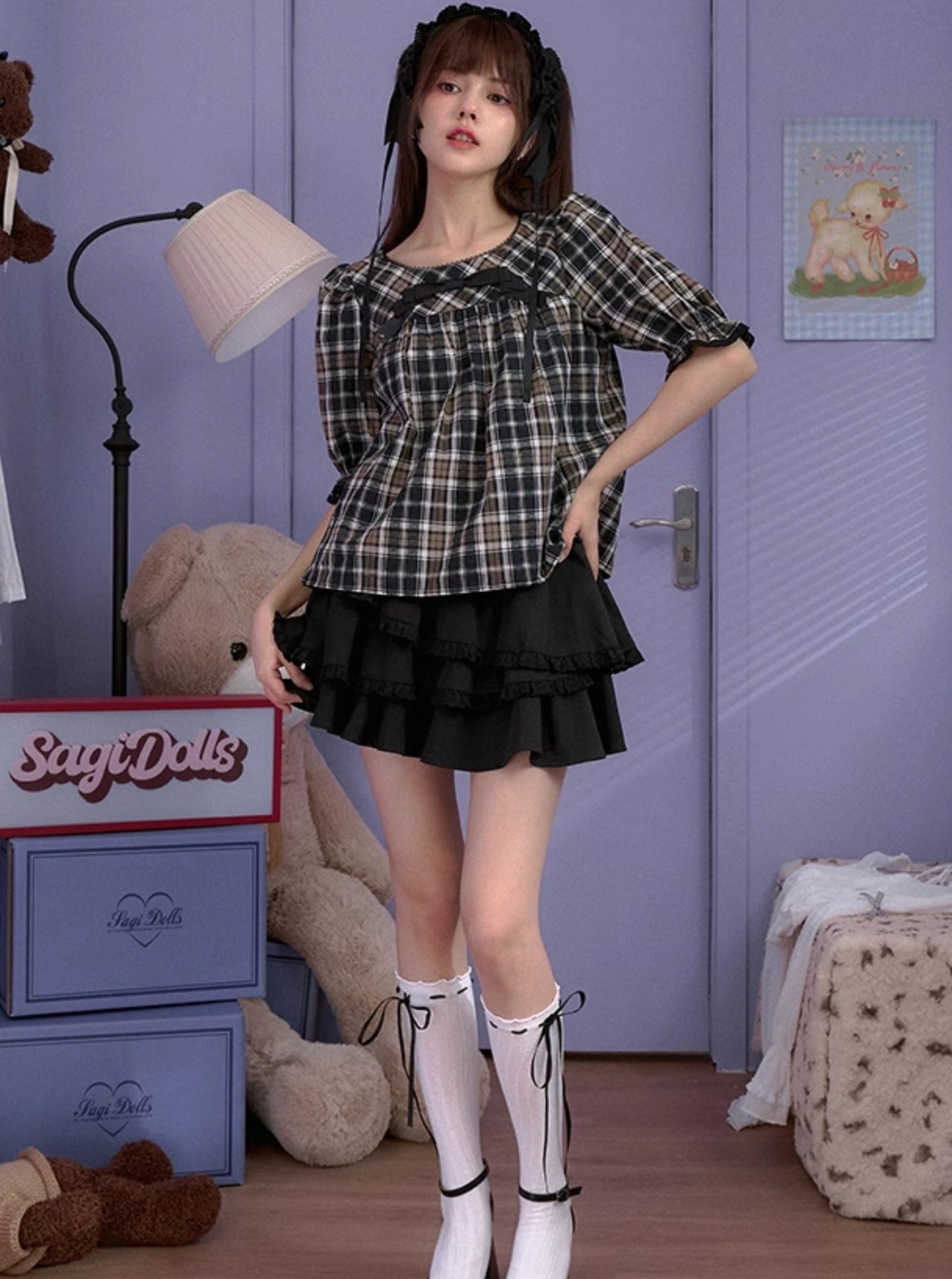 SagiDolls Girl's Fighting Spirit Super Shows Narrow Shoulders! Braun karierte crewneck mid-sleeved babydoll Oberteile sind vielseitig und Alter-defying