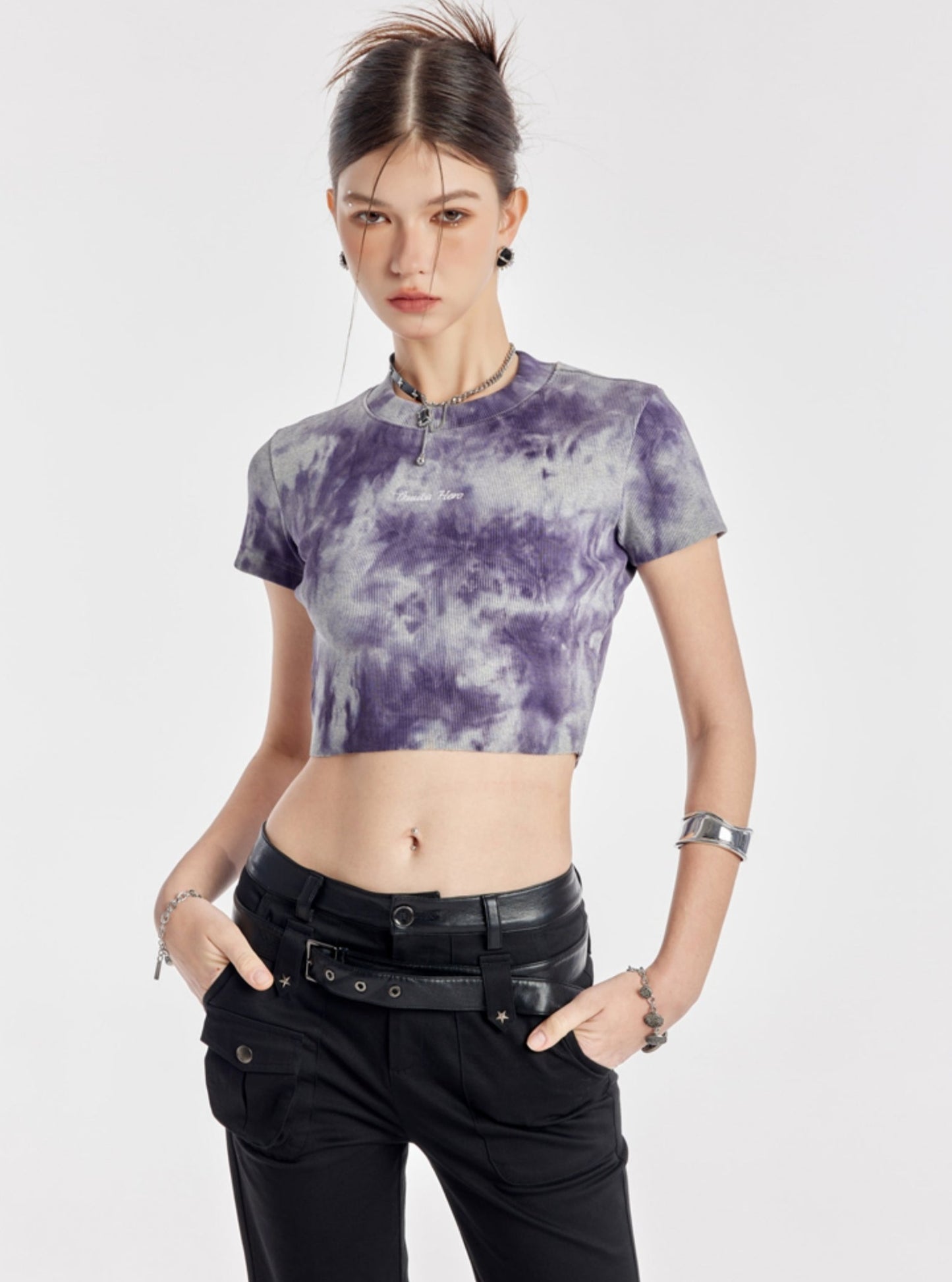 Purple Tie-Dye Embroidered Crop Top