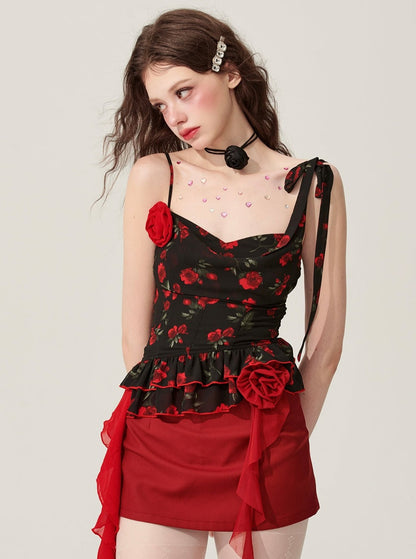 Black Floral Suspender Top