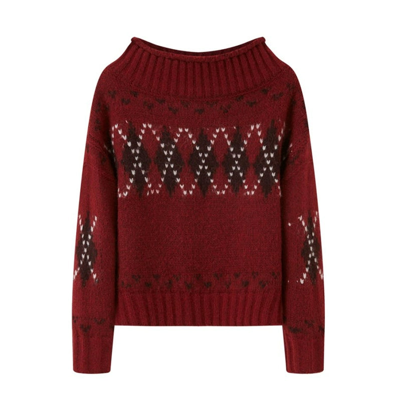 Thick Knit Argyle Off-Shoulder Sweater