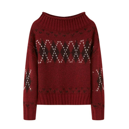 Thick Knit Argyle Off-Shoulder Sweater