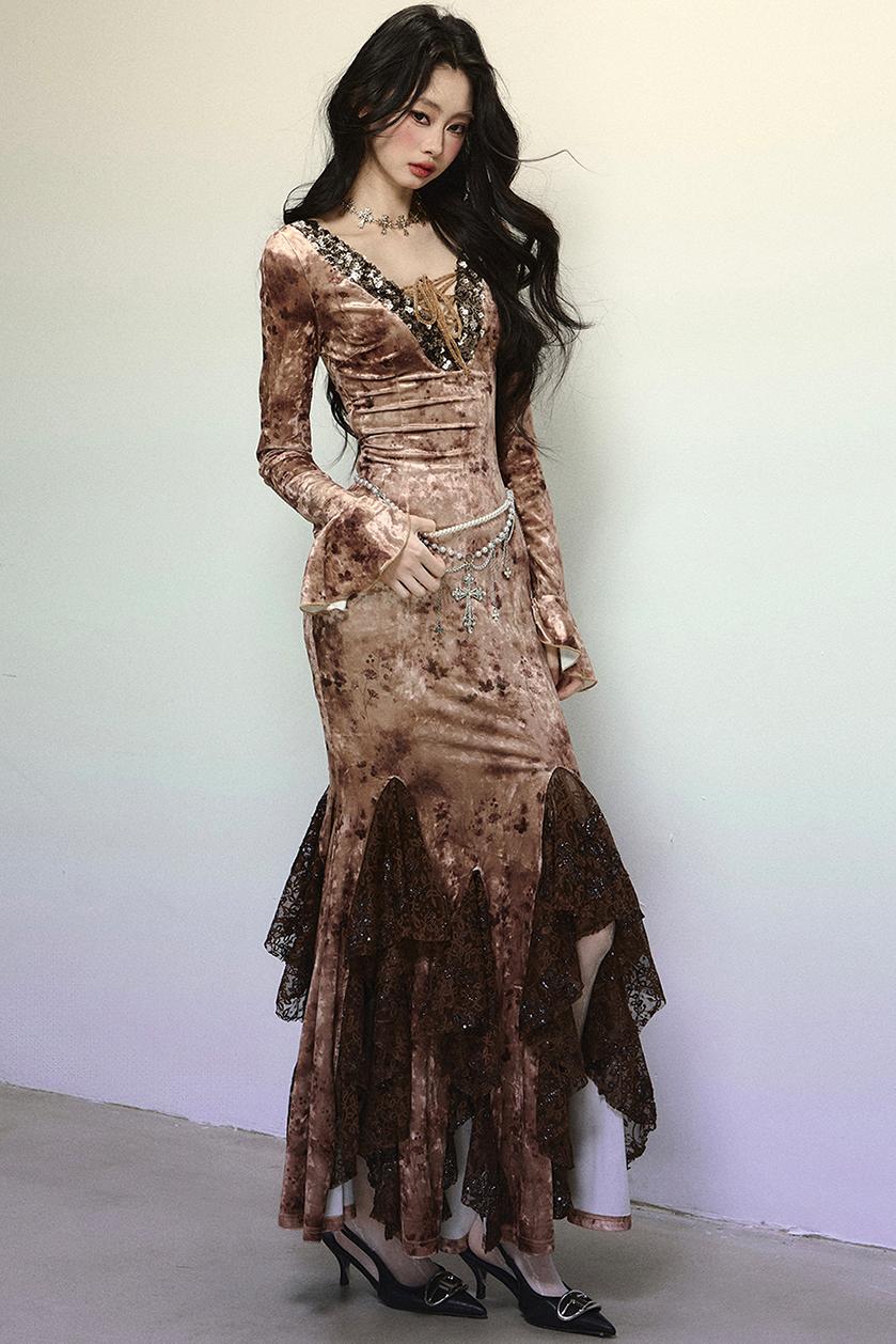 Deep V Mermaid Lace Dress