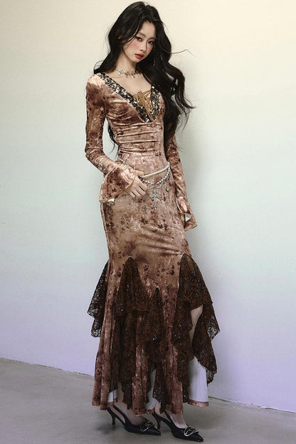 Deep V Mermaid Lace Dress