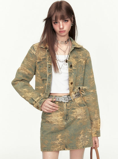 Retro Fried Street Denim Jacket And Skirt Set