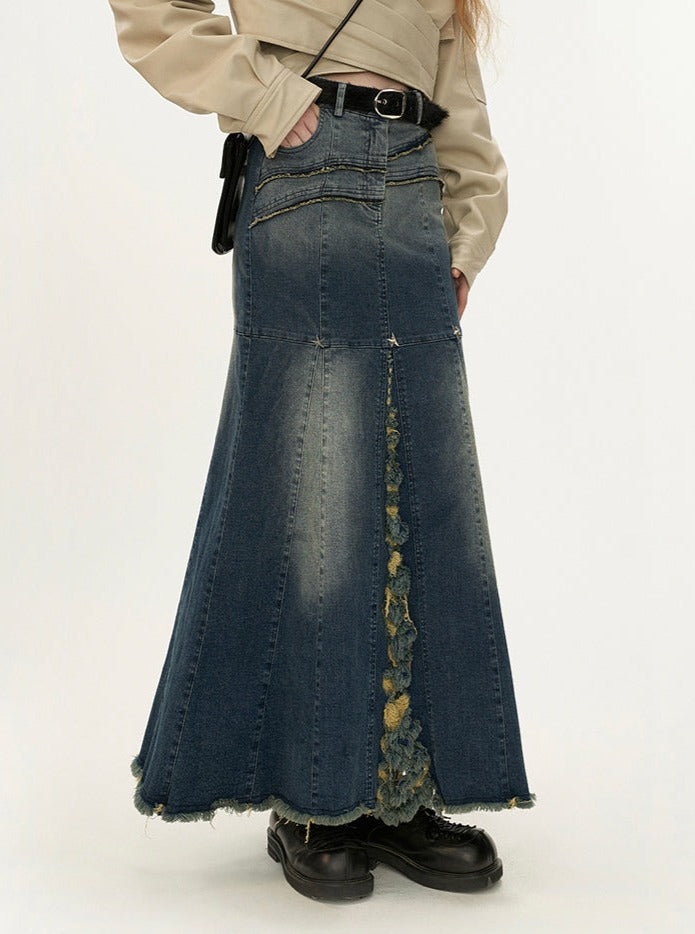 Star Rivet Slit Denim Skirt