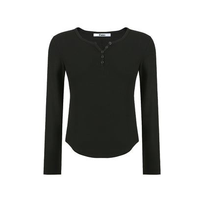 Button-Embellished Crew Neck Top