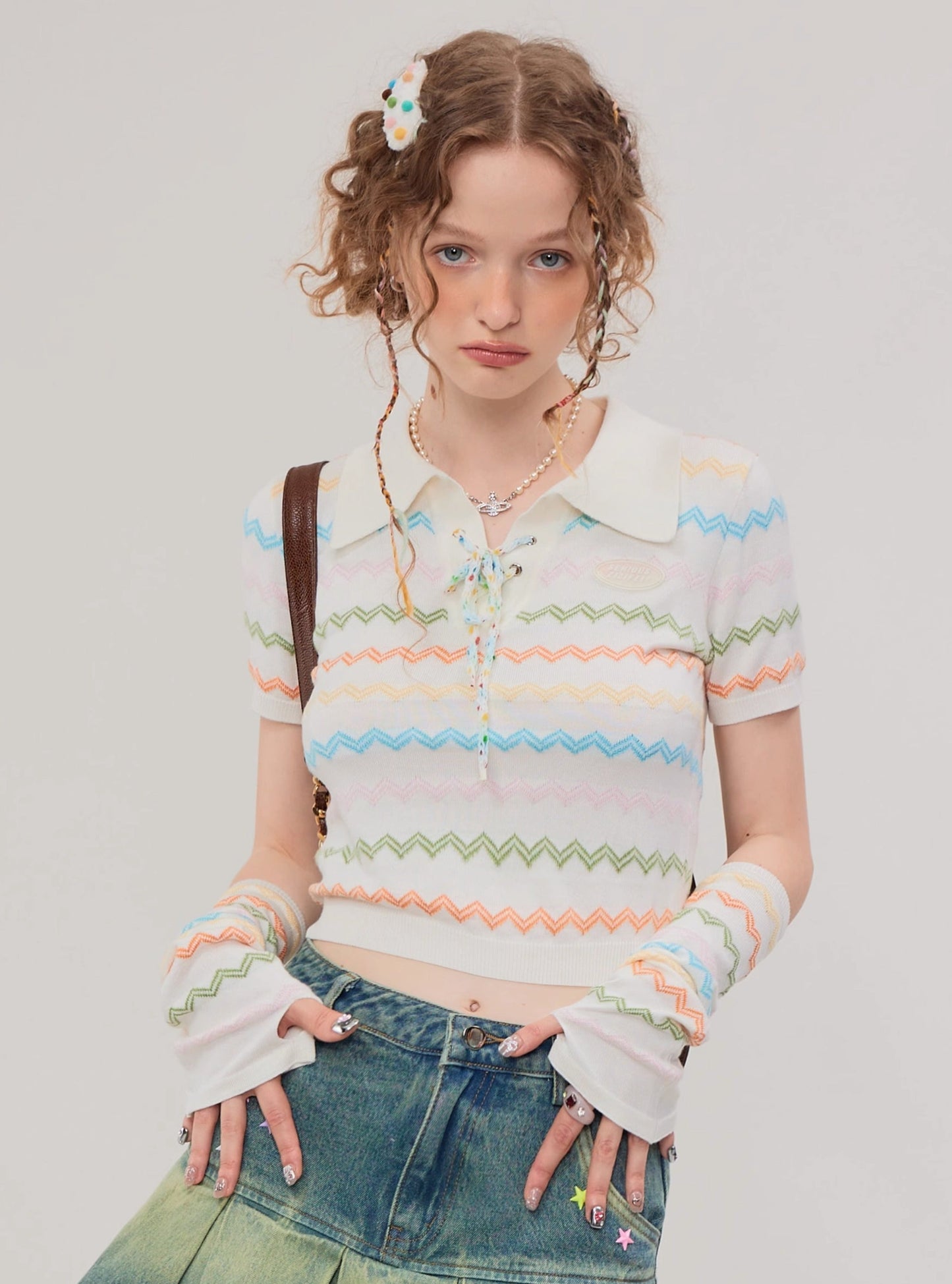 American retro sleeve strap sleeve top knitted T-shirt