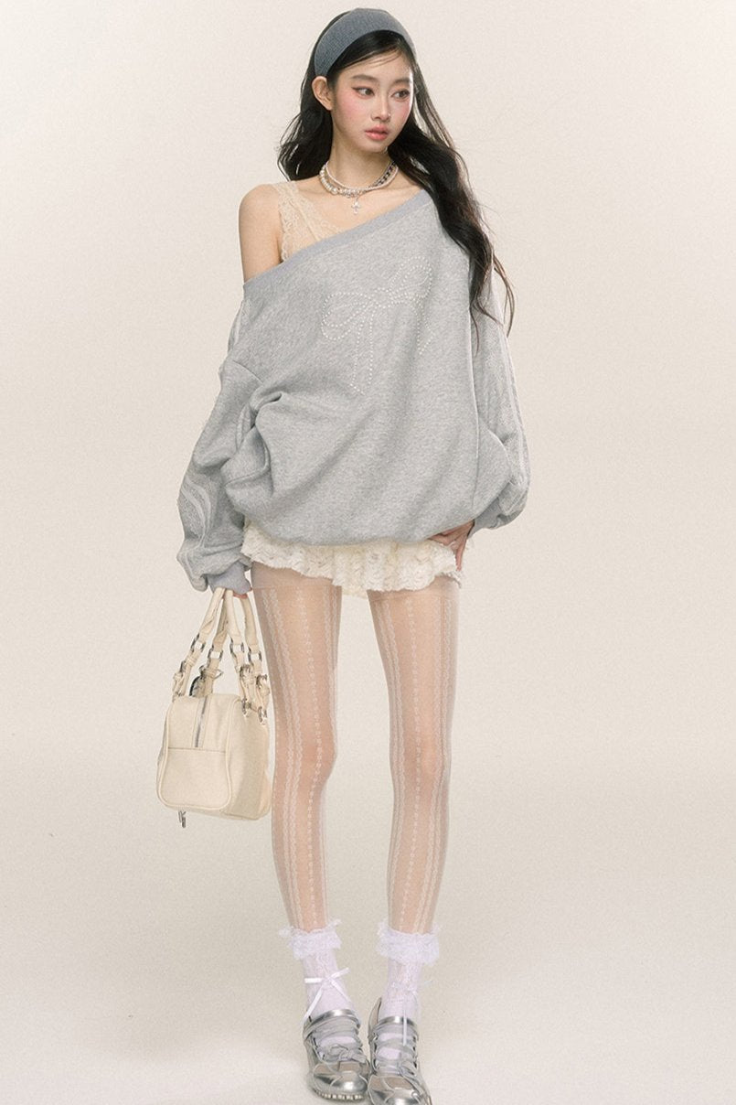 Slanted Shoulder Bow Loose Sweatshirt