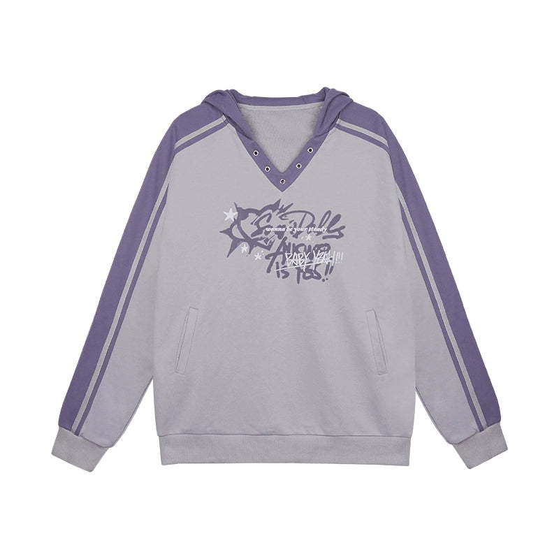 Gray Purple Loose Hooded Sweatshirt