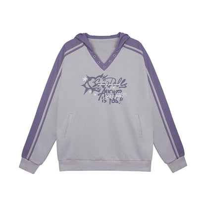 Gray Purple Loose Hooded Sweatshirt