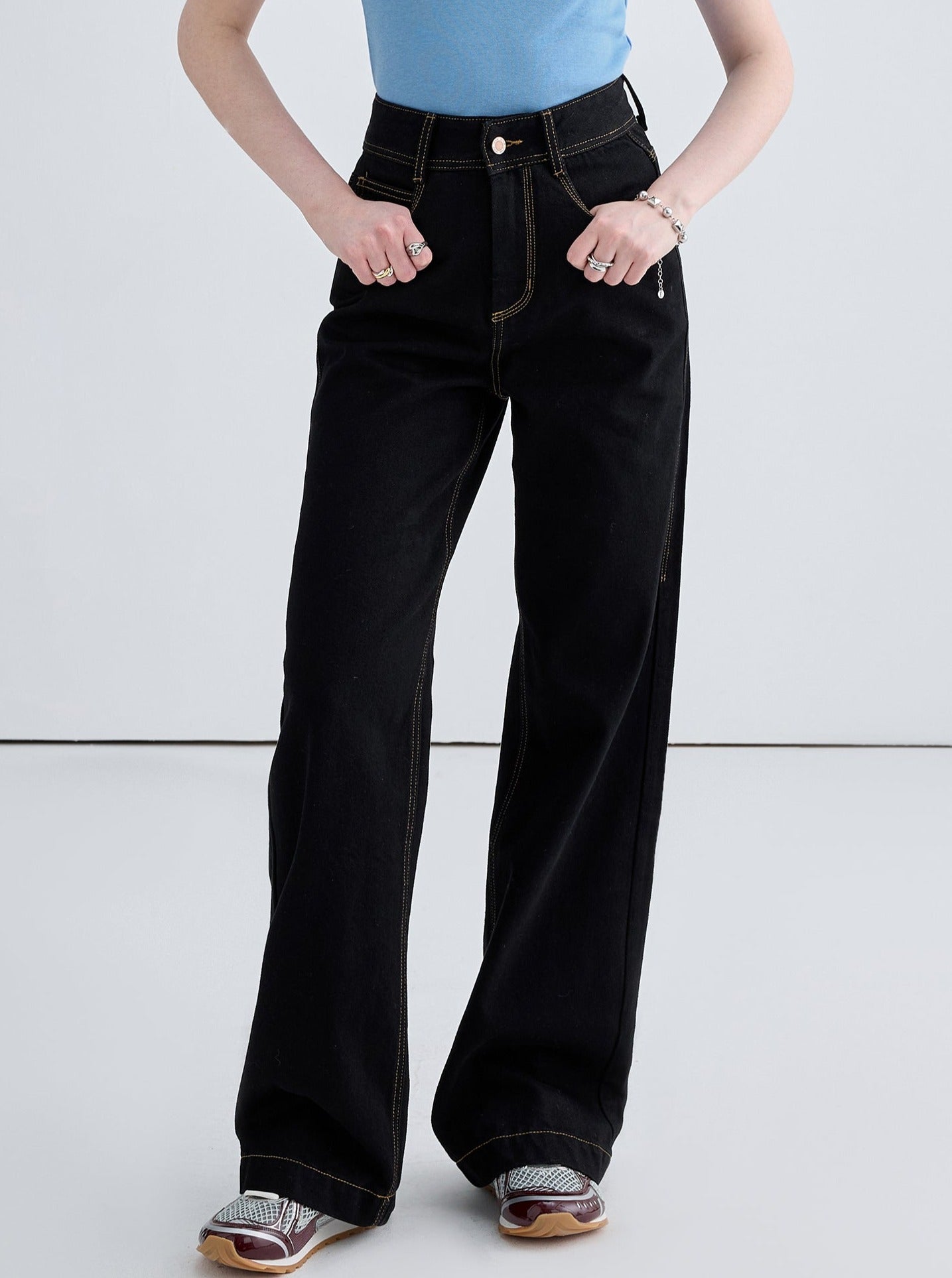 Mid-high waist straight wide-leg pants