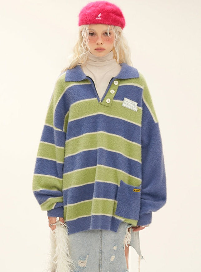 Irregular color contrast striped zipper sweater